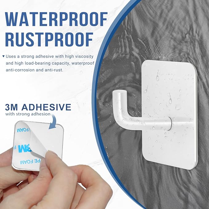 Adhesive Hooks for Bathrooms, 4 Piece Towel Hooks for Hanging Hat Robe Coat, Stick on Hooks for Kitchens, Strong Self-Adhesive No Damage Waterproof Stainless Steel Sticky Hook (White)