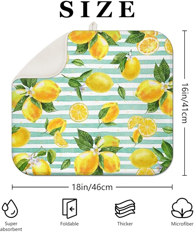 Lemon Dish Drying Mat for Kitchen Counter,Striped Background Yellow Lemon Floral Microfiber Summer Drying Mat, Washable Absorbent Kitchen Countertop Dish Drainer Mat,16×18 Inch