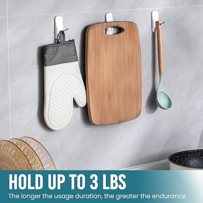 TAILI Hooks for Hanging,6 Wire Sticky Hooks and 8 Adhesive Strips, White Utility Hooks for Painted Wall, No Damage Heavy Duty Holds up to 3 lb, Removable & Reusable for Door, Dorm, Clothes, Kitchen