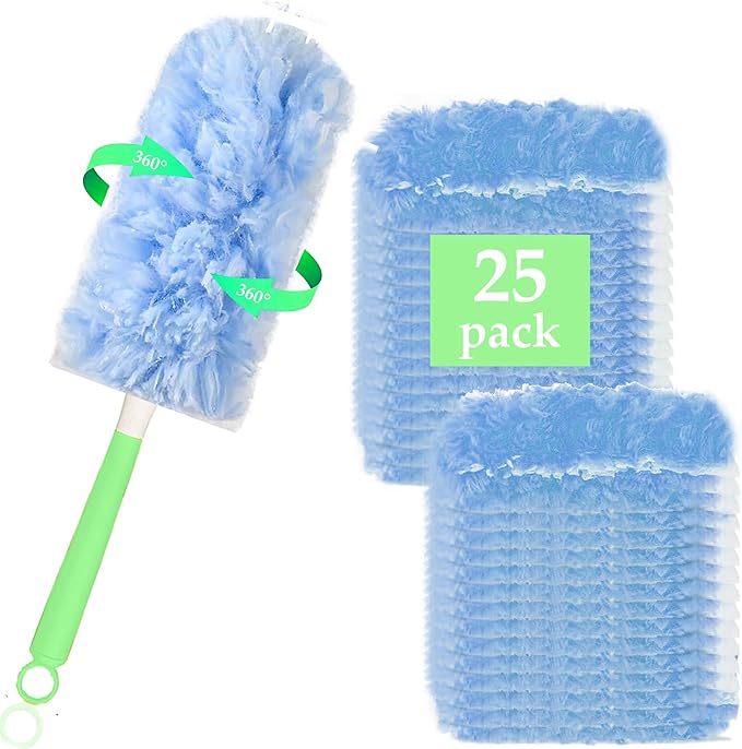 Heavy Duty Duster Refill for Swiffer Duster, Disposable Dusters Kit for Cleaning Dusting Furniture Blind Ceiling Fan, Multi Surface 360 Feather Dusters(25) +1 Handle