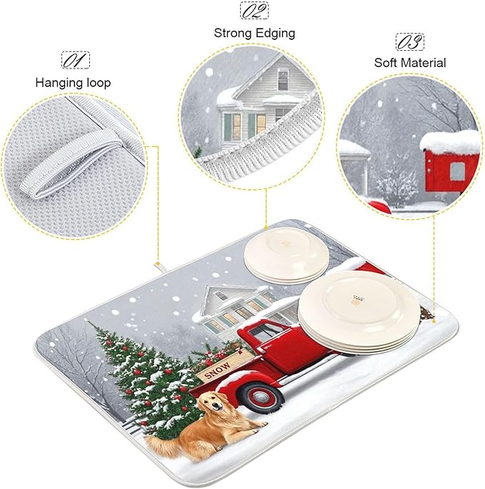 Christmas Tree Truck Dish Drying Mat for Kitchen Countertop 16x18 Winter Snow Poinsettia Golden Retriever Small Drying Mat Reusable Quick Dry Dish Sink Mats Easy Clean Decorative Essentials