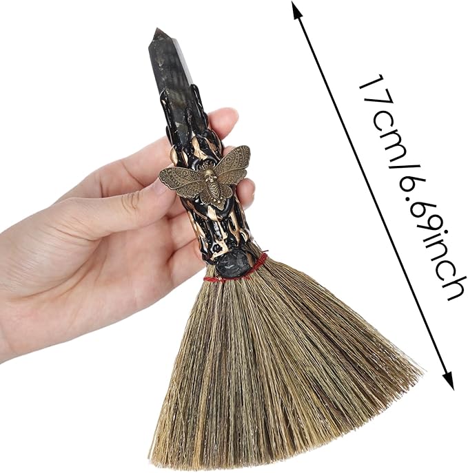 Labradorite Witch Altar Broom - Wiccan Stuff Witchcraft Supplies Moth Mini Magic Broomstick with Natural Healing Crystals Hexagonal Points Pagan Reiki Fengshui Energy Clearing Gift