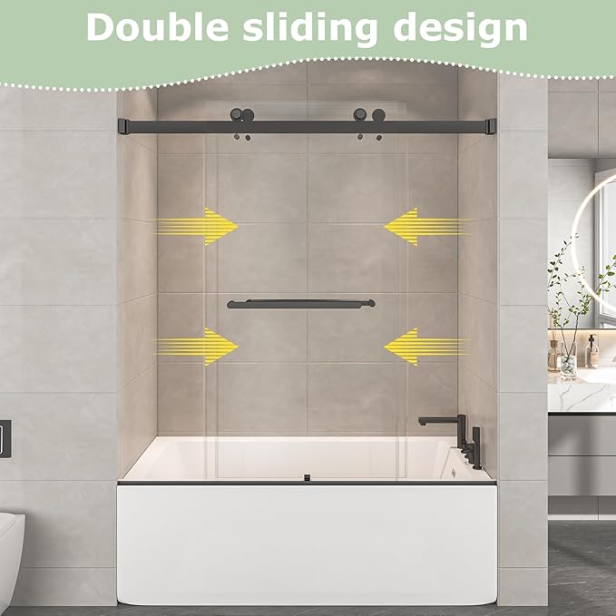 54"-60" W x 60" H Frameless Bathtub Shower Door, Double Sliding Shower Door,5/16"(8mm) Clear Tempered Glass,Bathtub Glass Door with Explosion-Proof Film (Matte Black 60" Wx60 H)