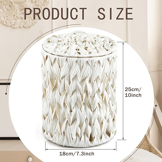 Ctosree 1.3 Gallons Small Trash Can with Lid Handle Boho Woven Braided Bathroom Waste Basket Trash Can with 100 Garbage Bags for Bedroom Office Laundry(Cream White,Braided Polypropylene,Round)