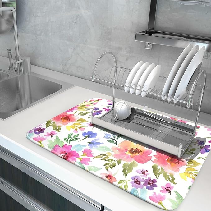 Spring Floral Dish Drying Mat for Kitchen Counter Flower Microfiber Absorbent Dish Draining Reusable Washable Foldable Extra Large 18"x24"