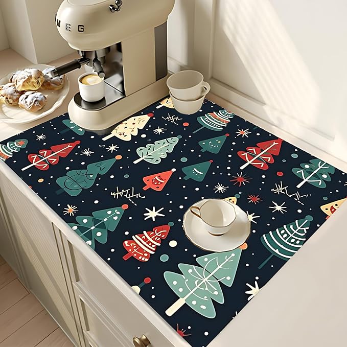 Cute Christmas trees Dish Drying Mat 18x24 inches Microfiber Absorbent Fast Dry Mat for Kitchen Counter Coffee Bar Christmas Large Drying Mat Kitchen Decor Gifts (Christmas Trees, 18x24 inches)