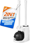 Toilet Plunger and Brush with Holder, Bowl Brush and Heavy Duty Toilet Plunger Set for 5.7-inch Toilet Drain, 2-in-1 Bathroom Cleaning Combo with Modern Caddy Stand (White)