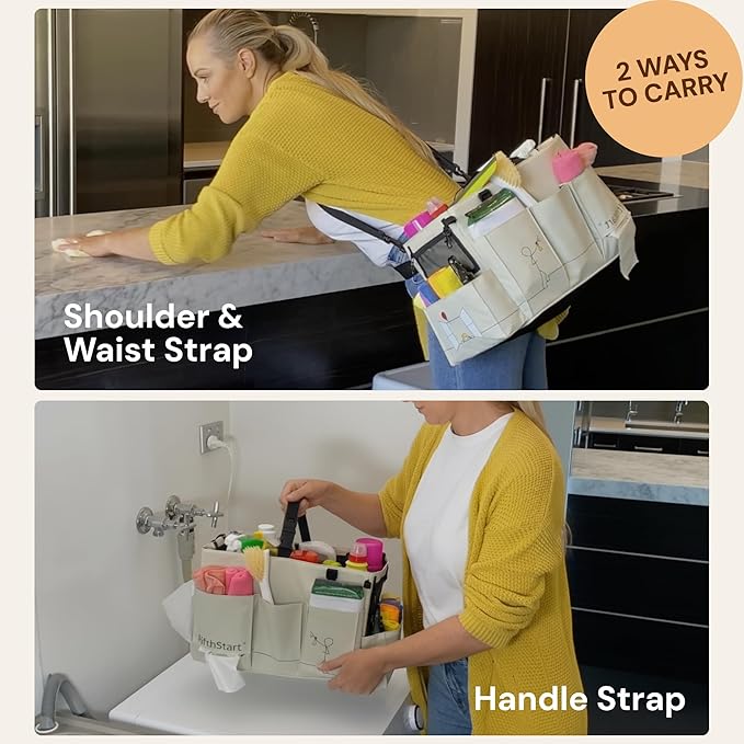 FifthStart Multiuse Organizer Bag - X-Large, Blue - 9 Pockets & Mesh Base for Cleaning Supply Organizer - Adjustable Waist & Shoulder Straps for Cleaning Caddy - Use as Housekeeping Caddy