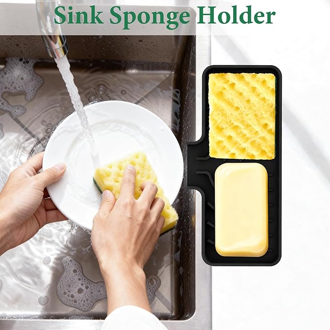 GUUKIN Sponge Holder for Kitchen Sink, Sink Caddy and Soap Tray | 10x5 inch Kitchen Sink Organizer | Compatible with Scrub Daddy, Kitchen Sink Accessories (Black)