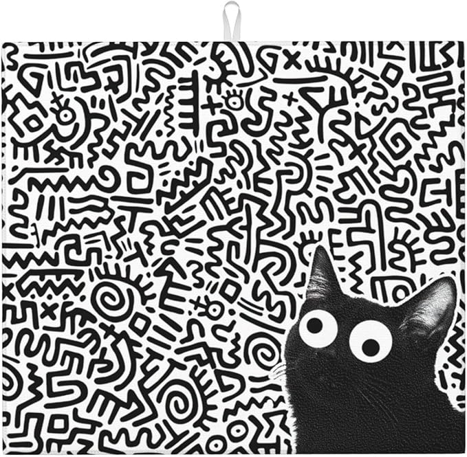 Black Cat Streak Dish Drying Mat 16x18 inches Microfiber Absorbent Fast Dry Mat for Kitchen Counter Coffee Bar Funny Cat Large Drying Mat Kitchen Decor Gifts (Black Cat, 16x18 inches)