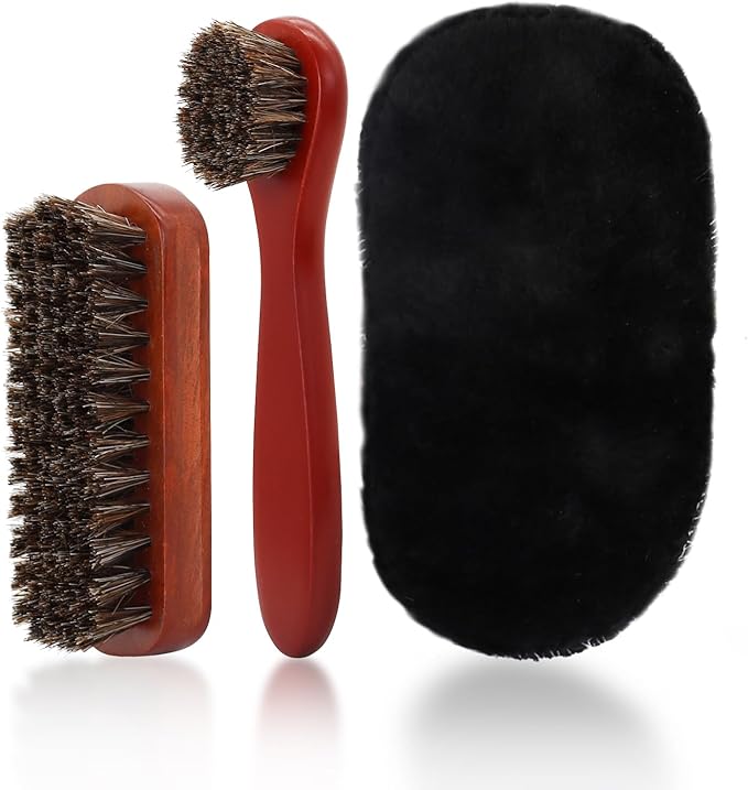 3 Pcs Shoe Brush Kit, Premium Horsehair Shoe Brush with Shoe Polishing Glove for Leather, Professional Boot Brush Shoe Polish Kit for Cleaning (3, Brown)