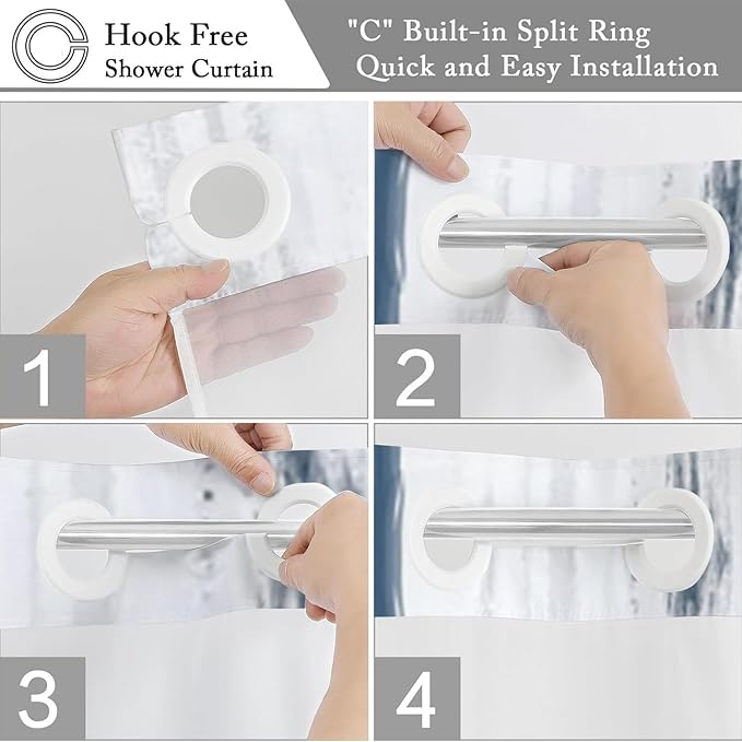 No Hook Shower Curtain with Snap in Liner, Hotel Style Navy Blue White Gold Brush Strokes Art Modern Shower Curtain Waterpoof Washable with See Through Top Window,71"x86"