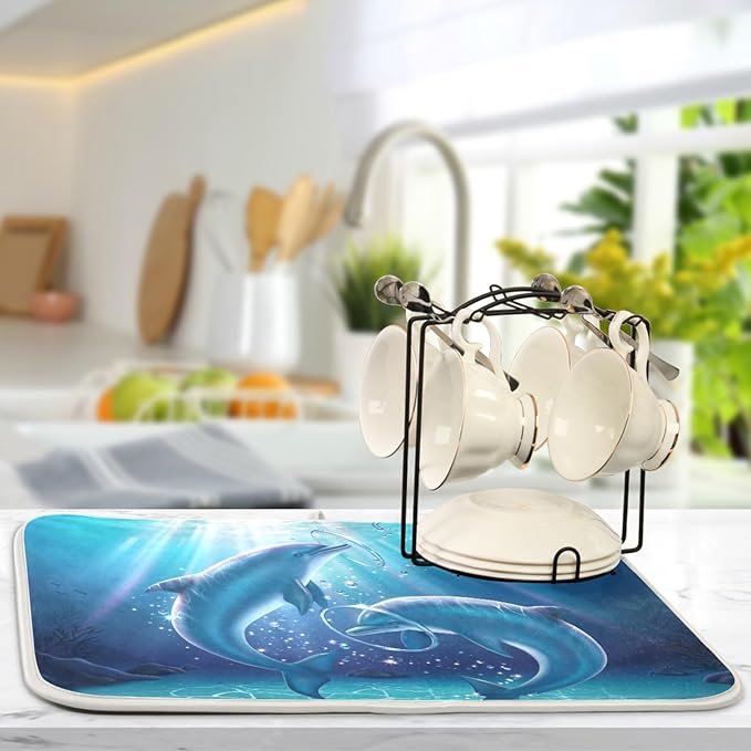 Tarity Lovely Dolphins Dish Drying Mat for Kitchen Counter Absorbent Heat Resistant Microfiber Dishes Drainer Mat 18x24 in Large Dish Pad Sink Mat Protective Pad Kitchen Decor