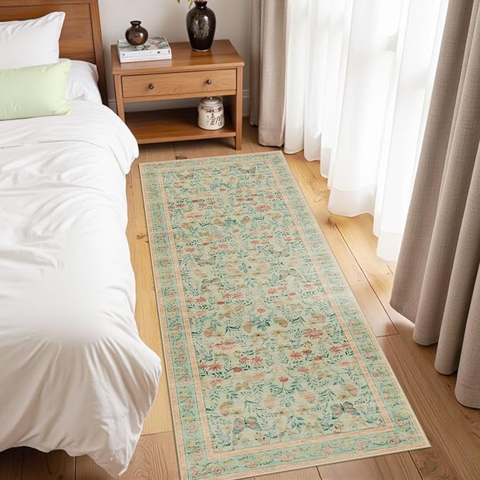 2x5 Floral Runner Rug, Washable Runners for Hallways, Green Vintage Boho Kitchen Rugs, Non Slip Hallway Runner Carpet for Indoor Hallway, Kitchen, Laundry Room and Bathroom(Mint Green 2x5ft)