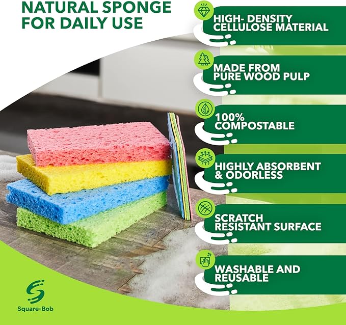 Compressed Non-Scratch Kitchen Sponges - Highly Absorbent for Dishes, Countertop, Sink, Car - Biodegradable, Quick Drying Cellulose Sponges - Assorted Colors (Pack of 6)