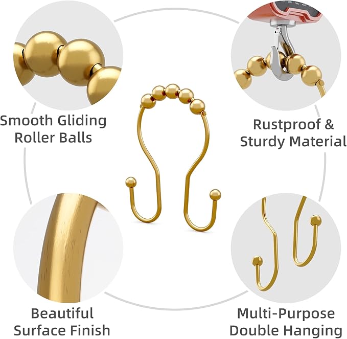 Shower Curtain Hooks, Shower Curtain Rings Rust Proof Double Hook Shower Curtain Hooks, 12 Pcs Dark Gold Shower Hooks for Shower Curtain, Shower Rings for Curtain, Metal Shower Rod Hooks