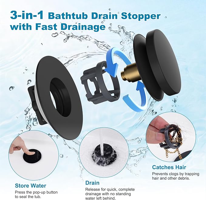 Hibbent 3 in 1 Metal Bathtub Drain Stopper, Universal Pop Up Tub Stopper, Bathtub Drain Hair Catcher, Removable Filter Basket, Drain Plug for 1.5''~2.4'' Drain, Brass Bullet Core, Matte Black