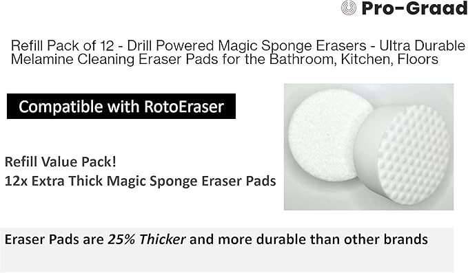 Refill Pack of 12 Drill Powered XL 4.5” Magic Sponge Erasers | Compatible with RotoEraser | 25% Thicker Ultra Durable Melamine Cleaning Eraser Pads for Bathroom Kitchen Floors Round 4.5" x 1.25" Thick
