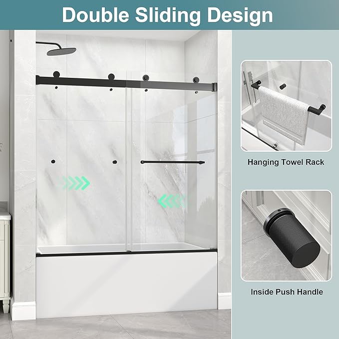KPUY Frameless Tub Shower Door, 55-60" W x 60" H Double Sliding Bathtub Door, 1/4" (6mm) Thick Tempered Clear Glass with Explosion-Proof Film Nano Coating, Matte Black