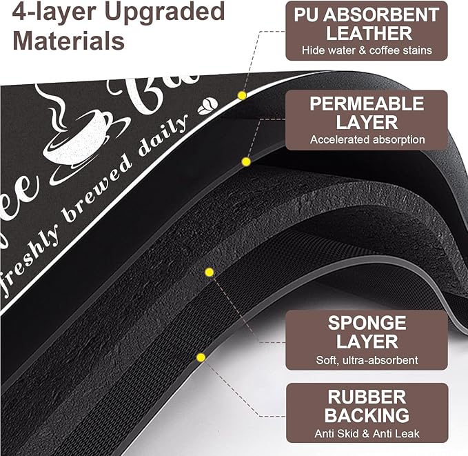 Absorbent Coffee Mat, Fashion Dish Drying Mat for Kitchen Counter Coffee Bar Accessories Espresso Machine Dish Rack 17" x 32" Black