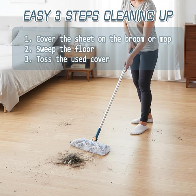 100 Pcs Disposable Broom Covers for Pet Hair Removal, Non-Woven Sweeper Sheets Effectively Traps Hair, Dust, Lint for Floor Carpet Cleaning, Universal Fit for Most Brooms
