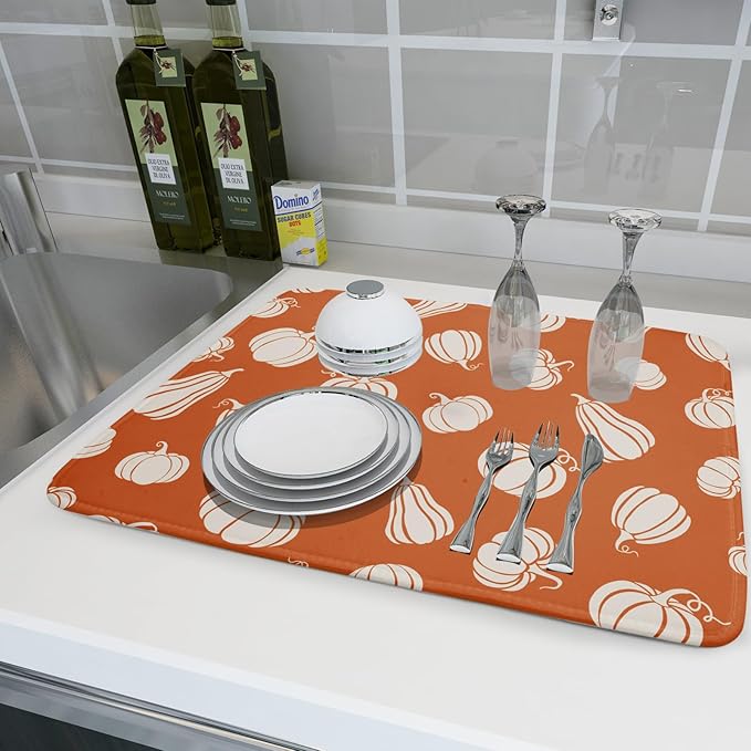 Fall Dish Drying Mat for Kitchen Counter Autumn White Pumpkins Festival Microfiber Absorbent Dish Draining Reusable Washable Foldable Extra Large 18"x24"
