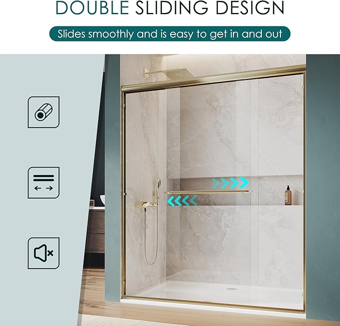 ELEGANT Double Sliding Shower Door 44-48" W x 72" H, Semi-Frameless Bypass Shower Glass Door with Dual Towel Bar Handles, 1/4" Tempered Glass for Walk-in Shower, Brushed Gold