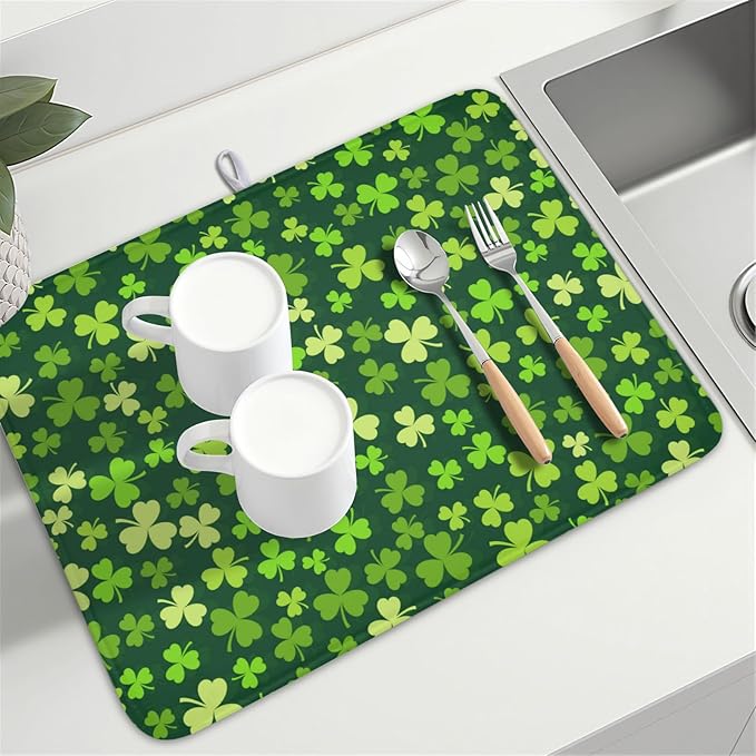 St. Patrick's Day Dish Drying Mat for Kitchen Counter,Irish Green Shamrocks Clover Leaves Drying Mat 18 x 24 Inch with Absorbent Reversible Microfiber Dish Drying Pad for Coffee Bar