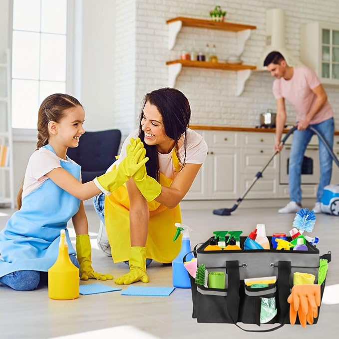 Wearable Cleaning Caddy Organizer with Handle & Shoulder Straps for Cleaners, 5 Compartments, Housekeeping Tote for Kitchen & Bathroom, Car Tool Caddy Organizer Bag (gray)