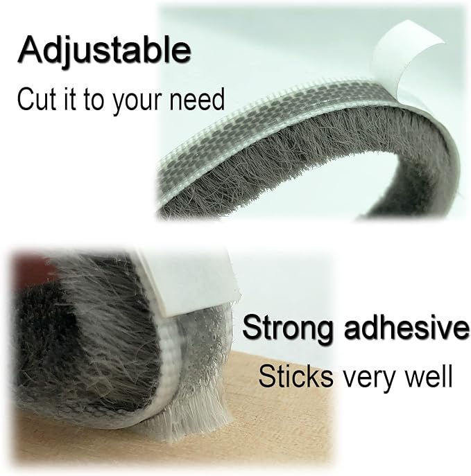 Fuzzy Weatherstripping for Window and Door Frame Side, Pile Self Adhesive Brush Weather Strip Seal Strip Sealer Felt Insulation (16ft x11/32 Backing x 9/16 Brush inch, Grey)