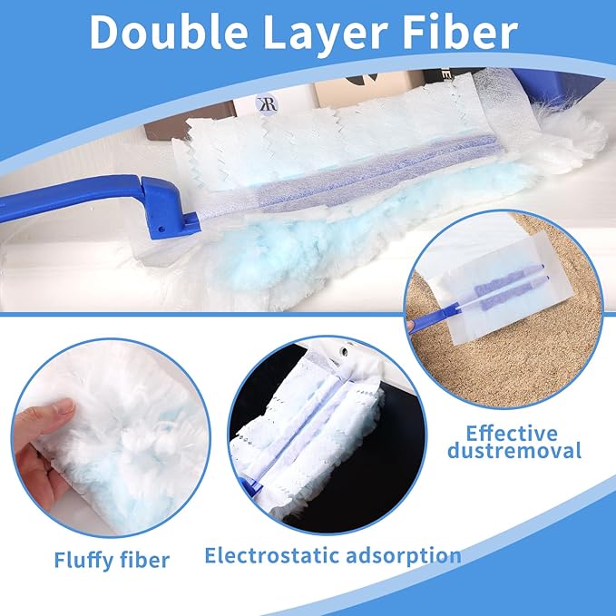 60 Pcs Blue Duster Refills Static Dust Removal Brush Disposable Replacement Head with 1 Handle for Electronics, Furniture, Blinds, Ceiling Fans