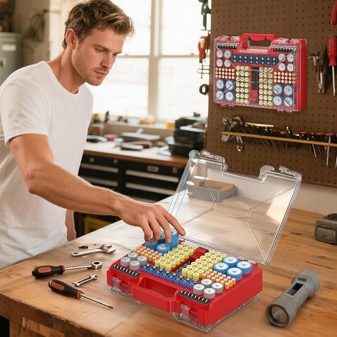 Upgraded Large Capacity Battery Storage Organizer with Tester, Battery Organizer Holds 185+Batteries with Double-Sided & Portable Handle, Fireproof & Splash-Proof Battery Holder for Most Sizes, Black