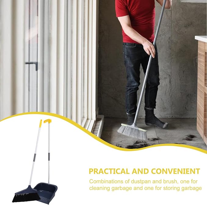 Stand Up Dustpan and Broom Set - Long Handle Broom with Upright Standing Dust Pan - Angled for Indoor Outdoor Home Kitchen Office Floor Cleaning (Blue)