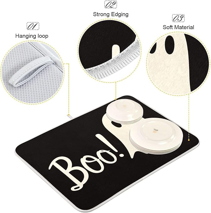 Halloween Ghost Boo Dish Drying Mat for Kitchen Countertop 18x24 Spooky Black Large Drying Mat Reusable Quick Dry Dish Sink Mats Easy Clean Decorative Essentials