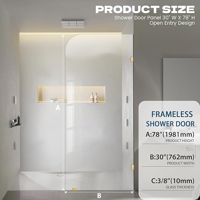 30" W ×78" H Shower Glass Panel, Frameless Fixed Glass Shower Panel with Clamps, 3/8"(10mm) Thick Clear Tempered Glass Shower Door, Bathroom Shower Screen in Brushed Gold