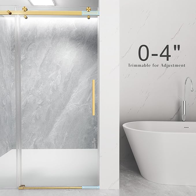 Frameless Sliding Shower Door 56-60" W x 72" H, 5/16" (8mm) Heavy Duty Tempered Glass, Brushed Golden Finish, Single Sliding Walk-in Shower Glass Door, Reversible Installation, Smooth & Quiet Gliding