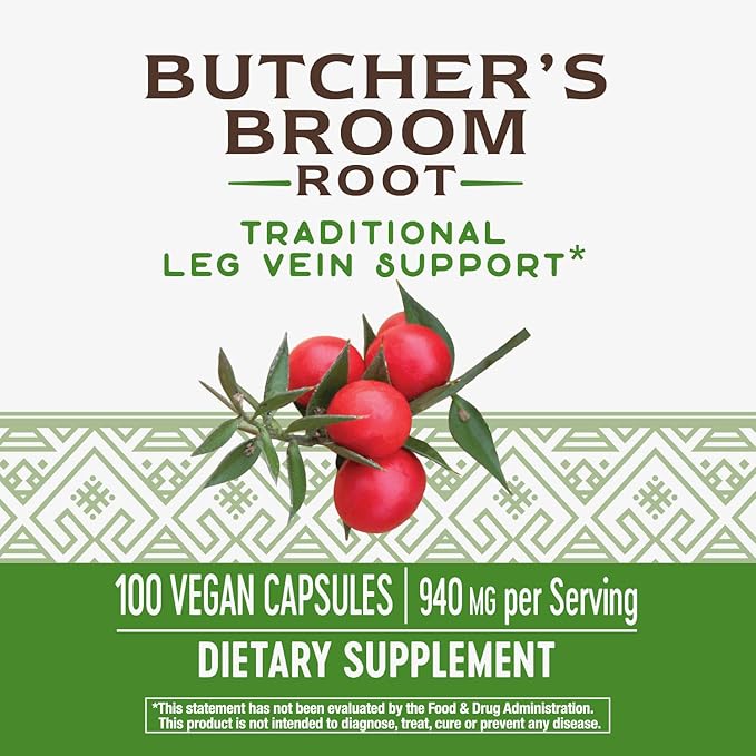 Nature's Way Butcher's Broom Root, Traditional Leg Vein Support*, 100 Vegan Capsules (Pack of 2)