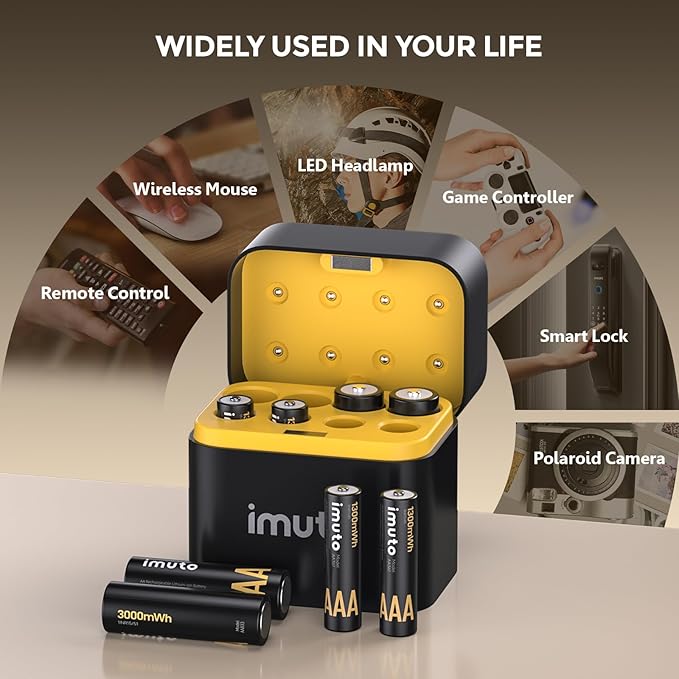 imuto Rechargeable 4 AAA and 4 AA Batteries Lithium with Charger,8 Pack 1.5 V Triple A Double A Batteries Rechargeable, Long Lasting Lithium Battery with Integrated Charging Storage Box