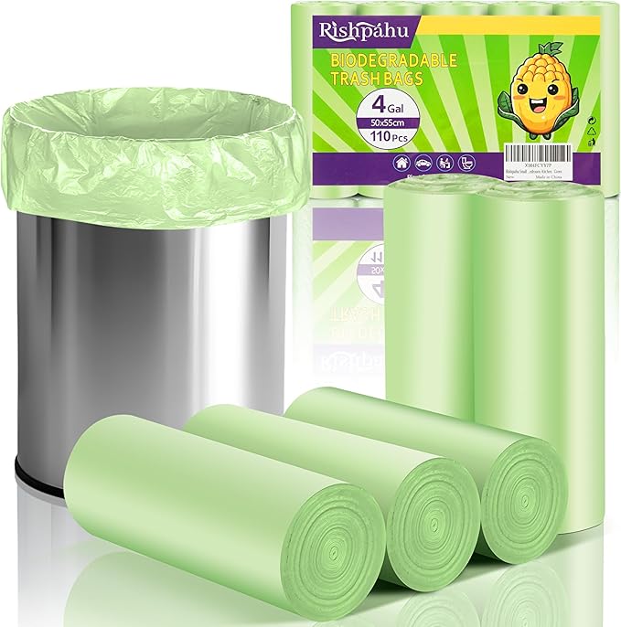 Rishipahu Small Trash Bags 4-6 Gallon Biodegradable, 110 Count Small Garbage Bags, Unscented & Leakage-Proof, Easy Tearing Bathroom Trash Bags for Bathroom, Office, Bedroom, Kitchen, Green