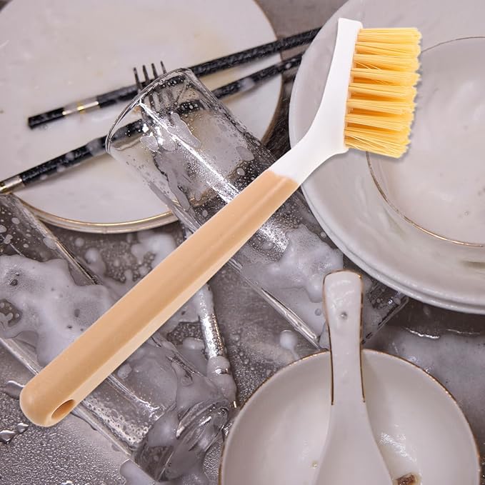 Cabilock Kitchen Dish Brush with Handle, Heavy Duty Stiff Scrub Brush for Cleaning Pans, Wok, Pots and Sink, Non-Scratch Dishwashing Scrubber with Scraper for Household Kitchen Utensil Supply