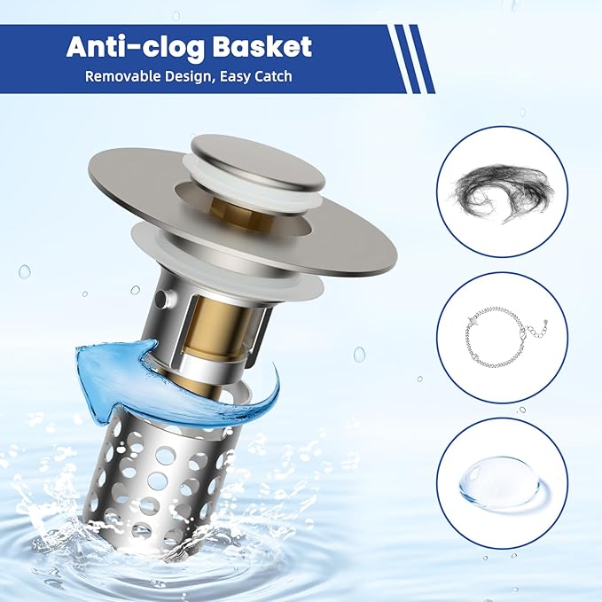 Universal Bathroom Sink Drain Strainer Hair Catcher 2PCS Upgraded with Removable Stainless Steel Filter Basket, 3 in 1 Pop Up Sink Stopper for 1.1''~2.36'' Sink Basin Hole, Brushed Nickel