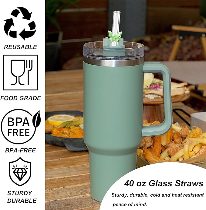 Glass Replacement Straw Compatible with Stanley 40 oz 30 oz Cup Tumbler, 6-Pack Reusable Cute Straws with Cleaning Brush, Clear