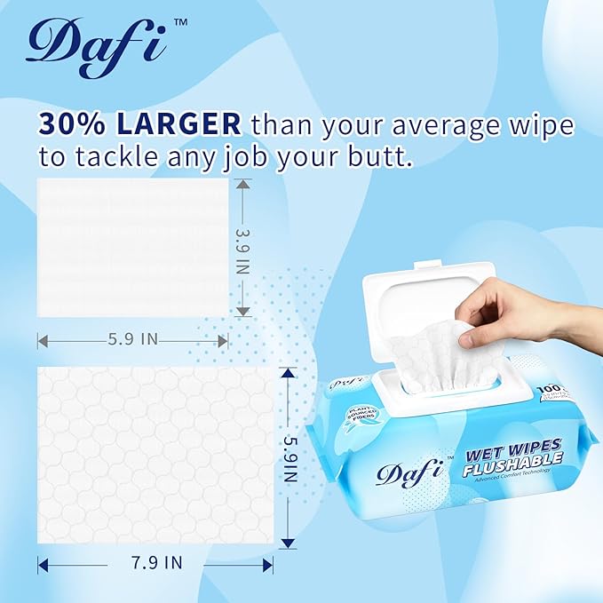 DAFI Flushable Wipes for Adult Wet Wipes, Total 600 Unscented Toilet Wipes Flushable, No Alcohol & 100% Plant Based Fibers, Septic and Sewer Safe Pack of 6