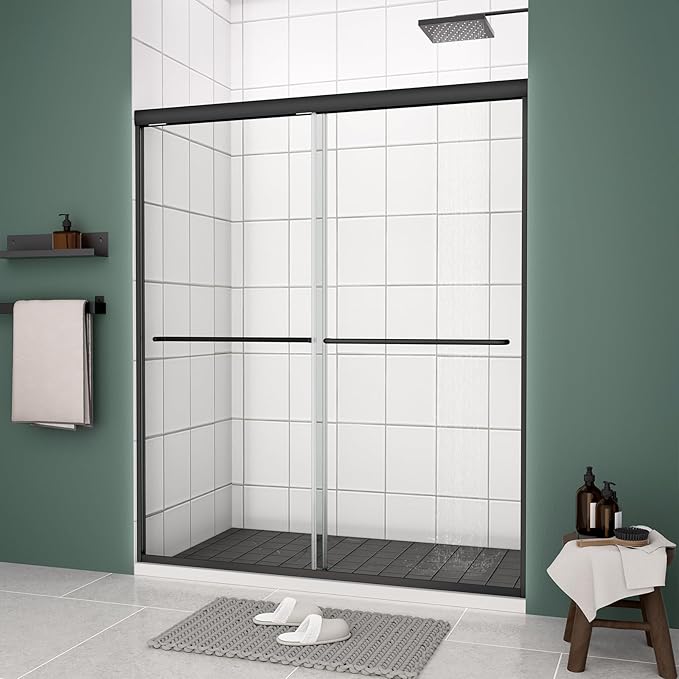 Bypass Glass Shower Door 56-60" W x 70" H with 1/4" Clear SGCC Tempered Glass, Semi-Frameless Double Sliding Shower Door, Easy to Clean, Easy to Install, Matte Black