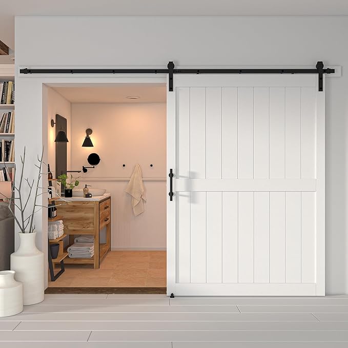 60''x 84'' Sliding Barn Door with 10 Ft Barn Door Hardware Kit& Handle& Floor Guides,Pre-Drilled Holes Easy Assembly - Include Installation Manual, Water-Proof PVC Surface, H-Frame, White