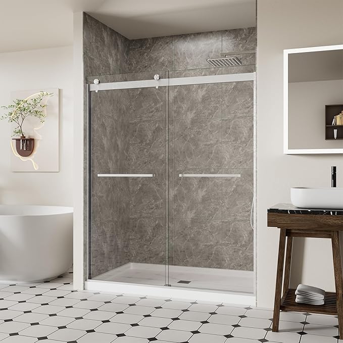 56-60" W x 74" H Frameless Shower Door, Double Sliding Shower Door with 5/16" (8mm) Clear SGCC Tempered Glass, Brushed Nickel Finish Shower Doors, Reversible Installation