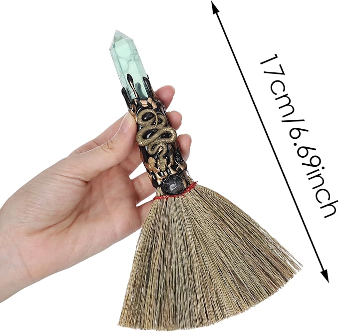 Witch Crystal Altar Broom - Witchcraft Supplies Wiccan Decor Snake Altar Supplies with Green Fluorite Natural Healing Crystals Reiki Energy Emotional Regulation Crafts