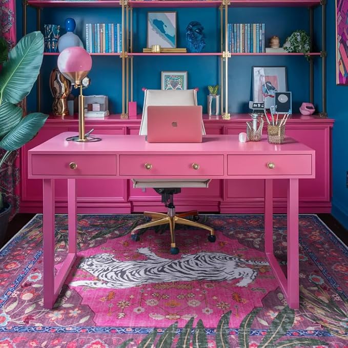 4x6 FT Leopard Rug for Living Room Hot Pink Leopard Vintage Animal Rug Aesthetic Pink Rugs for Girls Room Nursery Bedroom Home Office Dorm Thin Bright Magenta Carpet (Hot Pink, 4X6 FT)