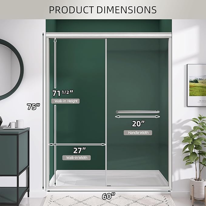 GETPRO Shower Door Double Sliding 56-60 in. W x 75 in. H Glass Shower Doors Semi-Frameless Bypass Glass Door for Walk-in Shower with 5/16 inch Tempered Glass Brushed Nickel Hardwares