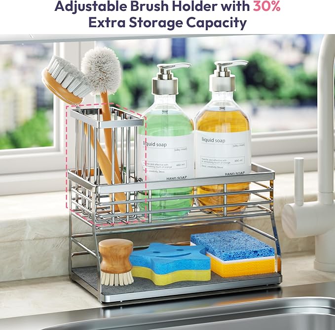 SWTYMIKI Kitchen Sink Caddy Organizer, 2 Tier Sponge Holder for Kitchen Sink with Instant Drying Stone, Removable Brush Holder for Fast Drying on Countertop, Silver